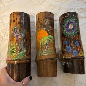 Hand painted bamboo planter trio